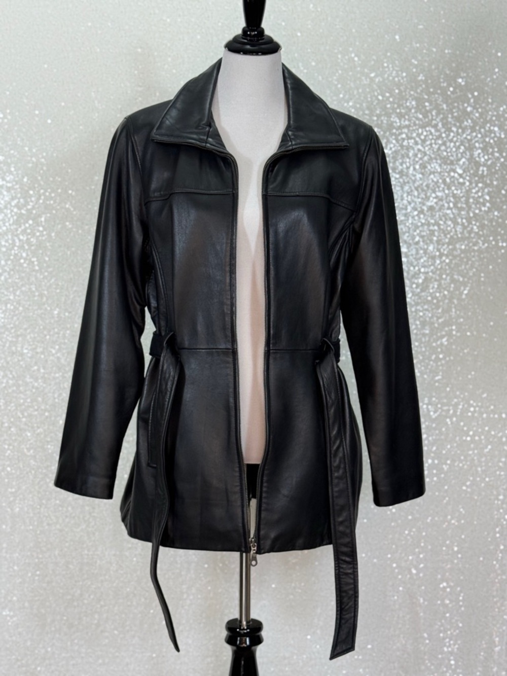Jacqueline Ferrar Genuine Lambskin Leather Jacket Black Belted Zip Up Tailored - Picture 15 of 16